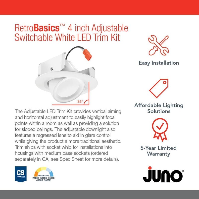 Juno 4 Inch Adjustable LED Recessed Lighting, RetroBasics Series Adjustable Gimbal LED Downlight Trim Kit, 4" Ceiling Light with 5-in-1 Switchable White Color, 700 Lumens, Matte White - Image 2